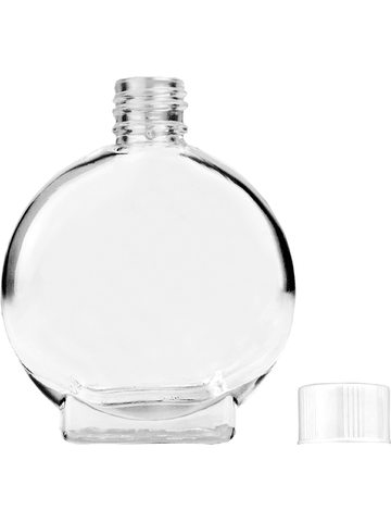 Circle design 15ml, 1/2oz Clear glass bottle with short white cap.