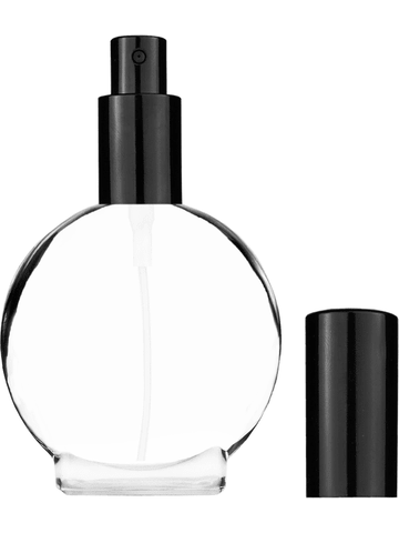 Circle design 30 ml, clear glass bottle with sprayer and black cap.