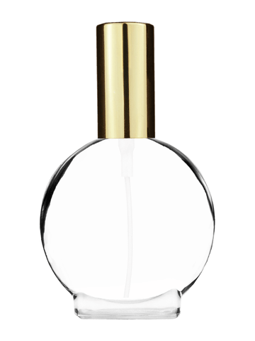 Circle design 30 ml, clear glass bottle with sprayer and shiny gold cap.