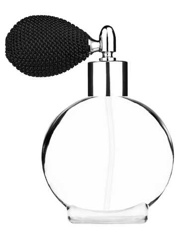 Circle design 50 ml, 1.7oz  clear glass bottle  with black vintage style bulb sprayer with shiny silver collar cap.