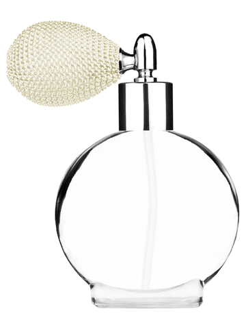 Circle design 50 ml, 1.7oz  clear glass bottle  with ivory vintage style bulb sprayer with shiny silver collar cap.