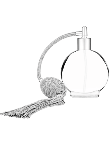 Circle design 50 ml, 1.7oz  clear glass bottle  with Silver vintage style bulb sprayer with tasseland matte silver collar cap.