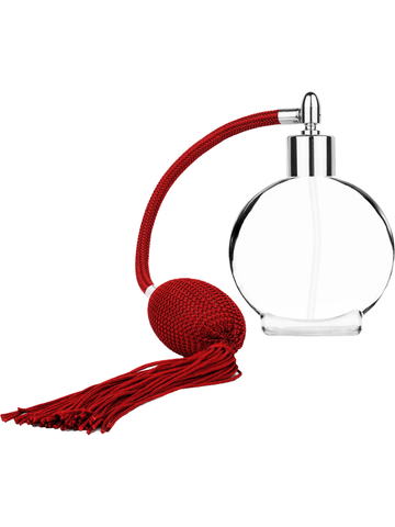 Circle design 50 ml, 1.7oz  clear glass bottle  with Red vintage style bulb sprayer with tasseland shiny silver collar cap.