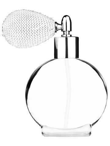 Circle design 50 ml, 1.7oz  clear glass bottle  with white vintage style bulb sprayer with shiny silver collar cap.