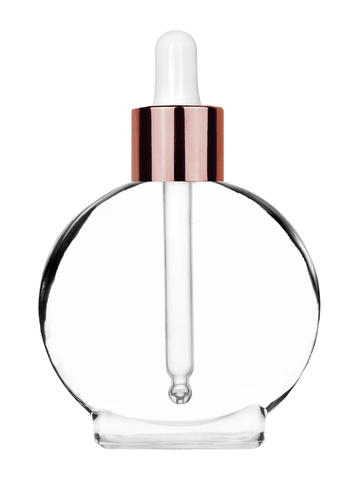 Circle design 50 ml, 1.7oz  clear glass bottle  with white dropper with shiny copper collar cap.