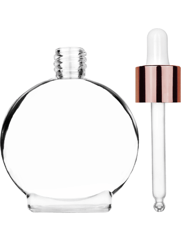 Circle design 50 ml, 1.7oz  clear glass bottle  with white dropper with shiny copper collar cap.