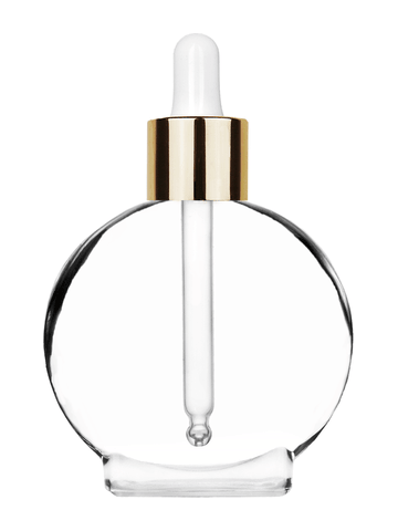 Circle design 50 ml, 1.7oz  clear glass bottle  with white dropper with shiny gold collar cap.