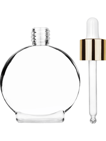 Circle design 50 ml, 1.7oz  clear glass bottle  with white dropper with shiny gold collar cap.