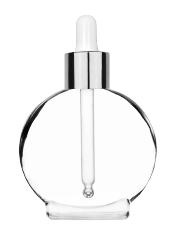 Circle design 50 ml, 1.7oz  clear glass bottle  with white dropper with shiny silver collar cap.