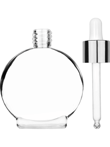 Circle design 50 ml, 1.7oz  clear glass bottle  with white dropper with shiny silver collar cap.