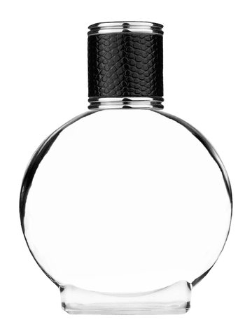 Circle design 50 ml, 1.7oz  clear glass bottle  with reducer and black faux leather cap.