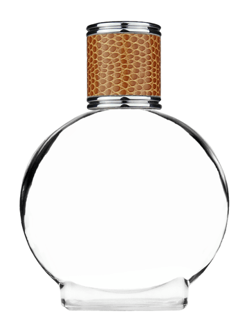 Circle design 50 ml, 1.7oz  clear glass bottle  with reducer and brown faux leather cap.