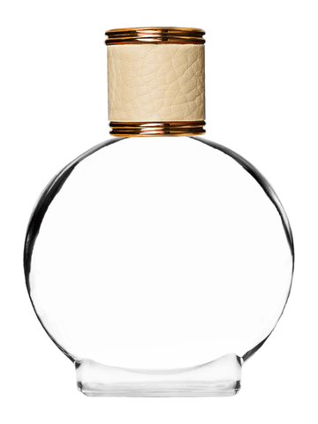 Circle design 50 ml, 1.7oz  clear glass bottle  with reducer and ivory faux leather cap.