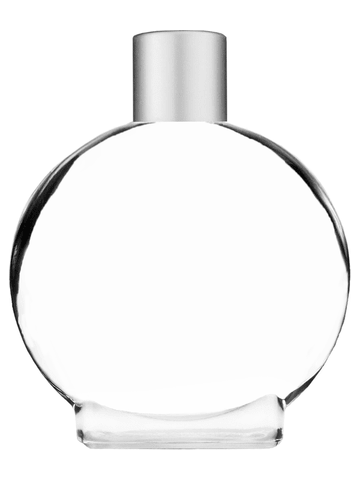 Circle design 50 ml, 1.7oz  clear glass bottle  with reducer and silver matte cap.