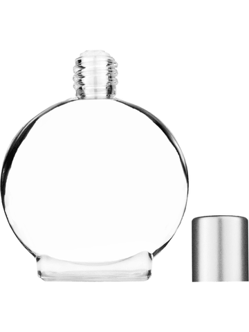 Circle design 50 ml, 1.7oz  clear glass bottle  with reducer and tall silver matte cap.