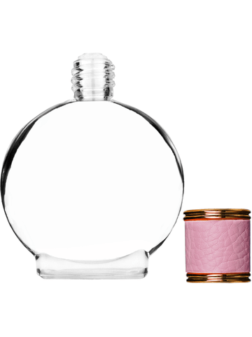 Circle design 50 ml, 1.7oz  clear glass bottle  with reducer and pink faux leather cap.