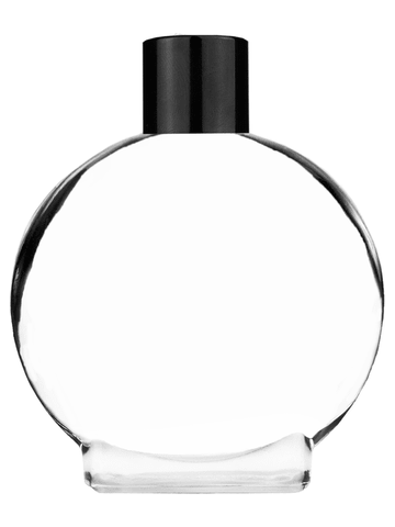 Circle design 50 ml, 1.7oz  clear glass bottle  with reducer and black shiny cap.