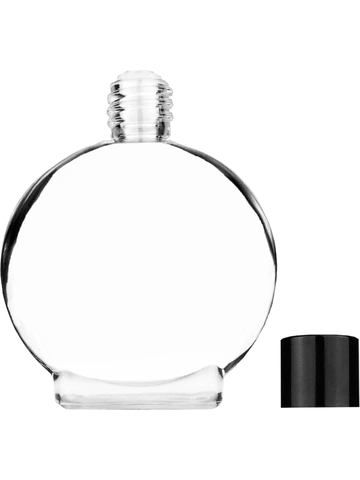 Circle design 50 ml, 1.7oz  clear glass bottle  with reducer and black shiny cap.