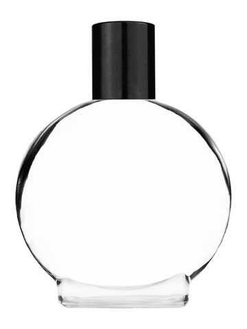 Circle design 50 ml, 1.7oz  clear glass bottle  with reducer and tall black shiny cap.