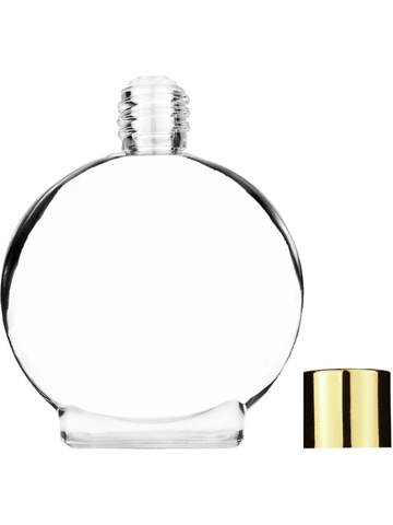 Circle design 50 ml, 1.7oz  clear glass bottle  with reducer and shiny gold cap.