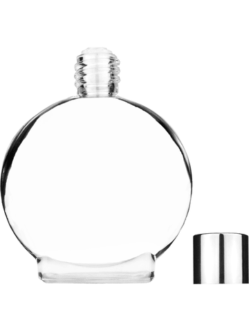 Circle design 50 ml, 1.7oz  clear glass bottle  with reducer and shiny silver cap.