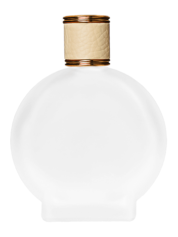 Circle design 100 ml, 3 1/2oz frosted glass bottle with reducer and ivory faux leather cap.