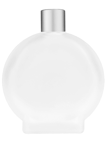 Circle design 100 ml, 3 1/2oz frosted glass bottle with reducer and silver matte cap.