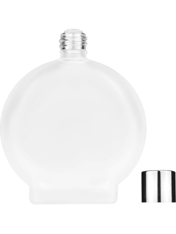 Circle design 100 ml, 3 1/2oz frosted glass bottle with reducer and shiny silver cap.