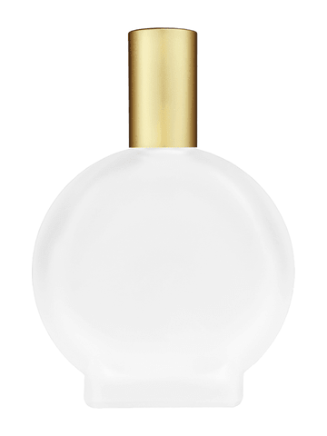 Circle design 100 ml, 3 1/2oz frosted glass bottle with matte gold spray pump.