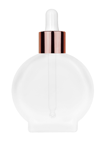 Circle design 50 ml, 1.7oz  frosted glass bottle with  white dropper with shiny copper collar cap.