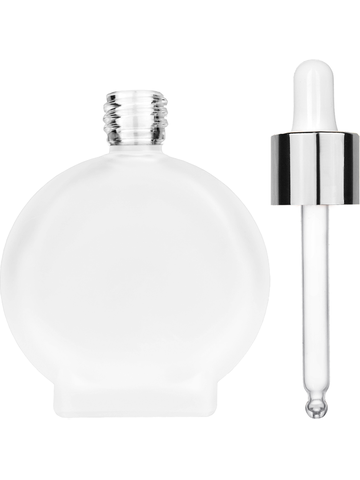 Circle design 50 ml, 1.7oz  frosted glass bottle with  white dropper with shiny silver collar cap.