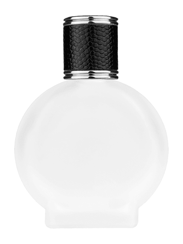 Circle design 50 ml, 1.7oz  frosted glass bottle with  reducer and black faux leather cap.