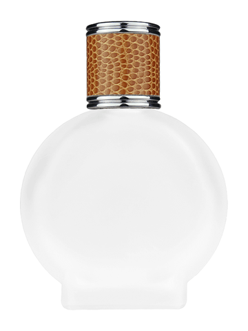 Circle design 50 ml, 1.7oz  frosted glass bottle with  reducer and brown faux leather cap.