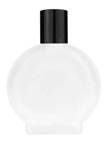 Circle design 50 ml, 1.7oz  frosted glass bottle with  reducer and tall black shiny cap.