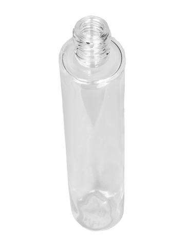 Cylinder design 100 ml, 3 1/2oz  clear glass bottle  with reducer and black faux leather cap.