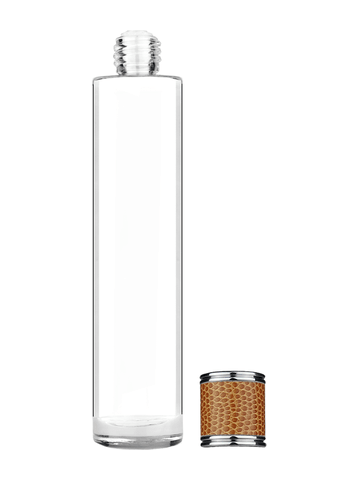 Cylinder design 100 ml, 3 1/2oz  clear glass bottle  with reducer and brown faux leather cap.