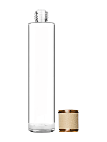 Cylinder design 100 ml, 3 1/2oz  clear glass bottle  with reducer and ivory faux leather cap.