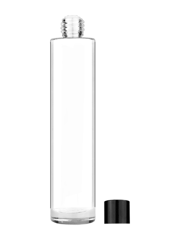 Cylinder design 100 ml, 3 1/2oz  clear glass bottle  with reducer and black shiny cap.