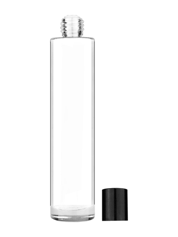 Cylinder design 100 ml, 3 1/2oz  clear glass bottle  with reducer and tall black shiny cap.