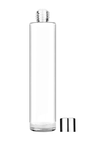 Cylinder design 100 ml, 3 1/2oz  clear glass bottle  with reducer and shiny silver cap.