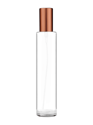 Cylinder design 100 ml, 3 1/2oz  clear glass bottle  with matte copper spray pump.