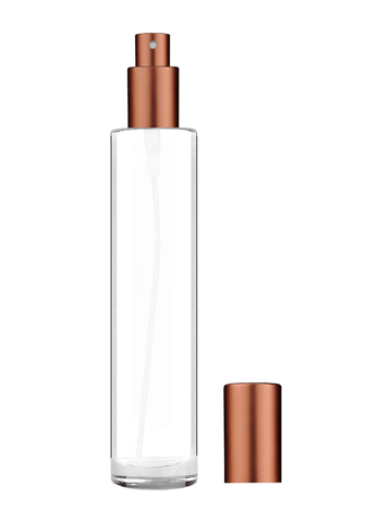 Cylinder design 100 ml, 3 1/2oz  clear glass bottle  with matte copper spray pump.