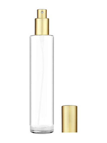 Cylinder design 100 ml, 3 1/2oz  clear glass bottle  with matte gold spray pump.