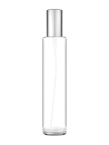 Cylinder design 100 ml, 3 1/2oz  clear glass bottle  with matte silver spray pump.