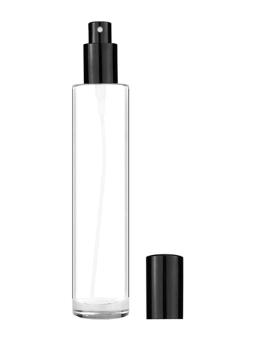 Cylinder design 100 ml, 3 1/2oz  clear glass bottle  with shiny black spray pump.