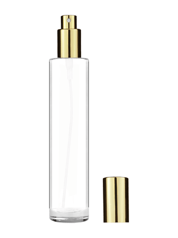 Cylinder design 100 ml, 3 1/2oz  clear glass bottle  with shiny gold spray pump.