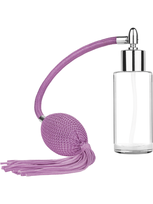 Cylinder design 25 ml  clear glass bottle  with lavender vintage style bulb sprayer tassel with shiny silver collar cap.