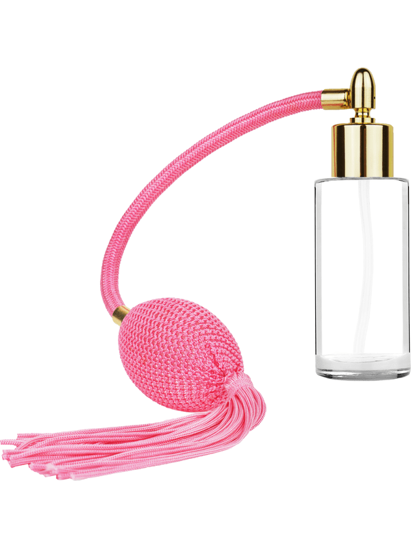 Cylinder design 25 ml  clear glass bottle  with pink vintage style bulb sprayer tassel with shiny gold collar cap.