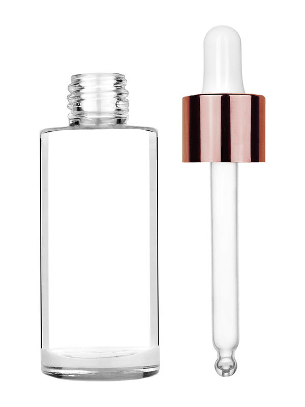 Cylinder design 25 ml  clear glass bottle  with white dropper with matte copper collar cap.