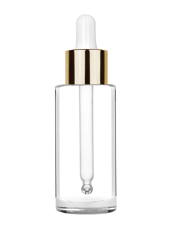 Cylinder design 25 ml  clear glass bottle  with white dropper with shiny gold collar cap.